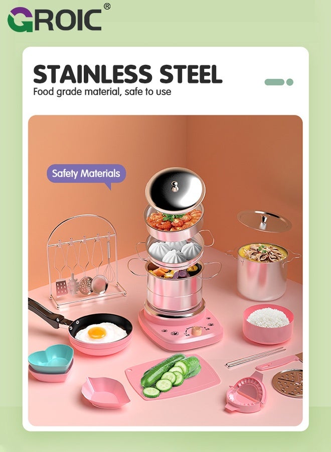 GROIC 24PCS Kid Cooking Set,Montessori Kitchen Tools,Utensils includes Stove Burner Aprons Cooking Tool for Real Food Making,Play Food Set for Kids Kitchen,Play Kitchen Appliances(Pink) - Image 4