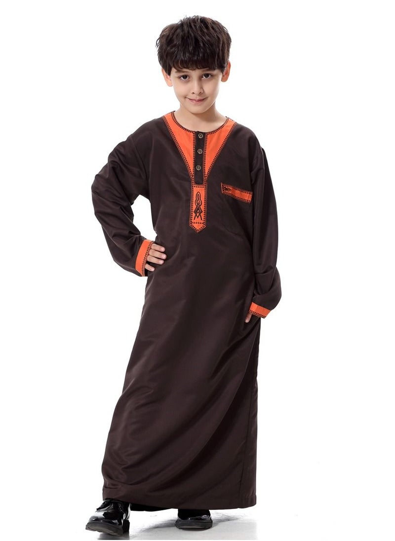 Loquat Boy's Muslim Arab Round Neck Long Sleeve Kaftan Middle Eastern Kandora Thobe Thawb Brown  - Image 1