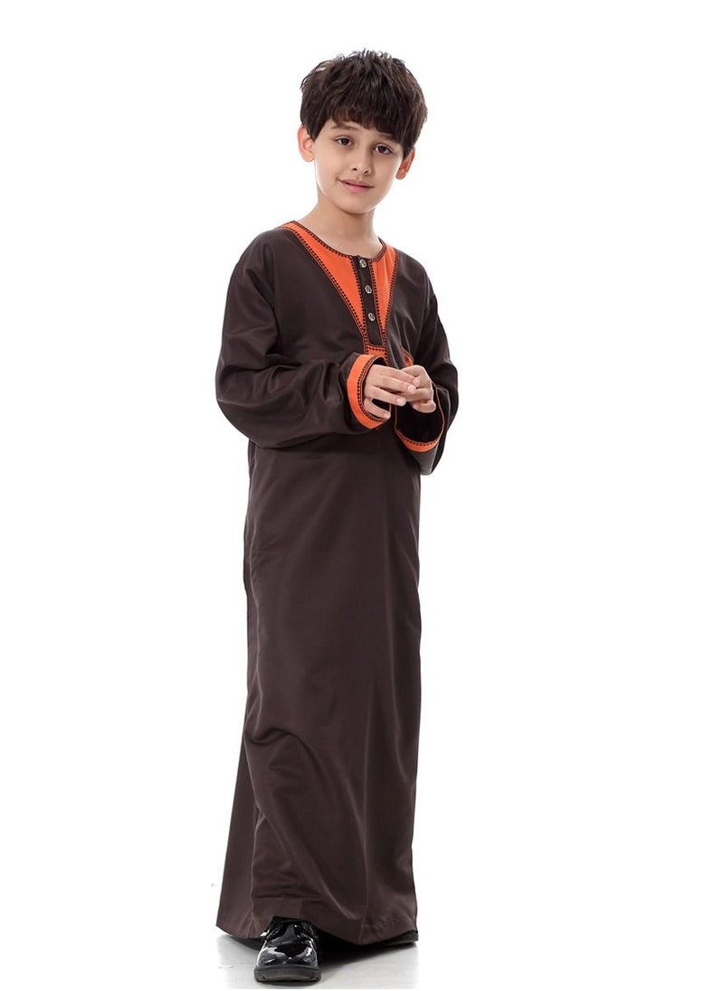 Loquat Boy's Muslim Arab Round Neck Long Sleeve Kaftan Middle Eastern Kandora Thobe Thawb Brown  - Image 2