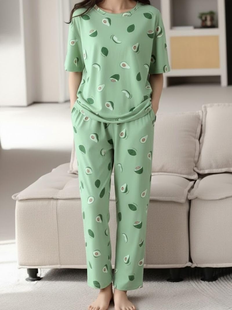 SMOWKLY Women’s Korean Style Night Suit Set | Cotton Half Sleeve Top & Pyjama Set | Round Neck Printed Nightsuit | Comfortable Nightwear & Loungewear for Women(1024_GRN_3XL) Mint Green - Image 2