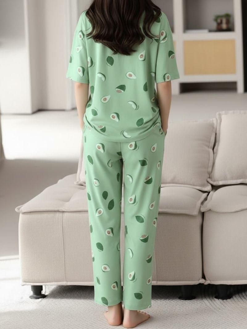 SMOWKLY Women’s Korean Style Night Suit Set | Cotton Half Sleeve Top & Pyjama Set | Round Neck Printed Nightsuit | Comfortable Nightwear & Loungewear for Women(1024_GRN_3XL) Mint Green - Image 3