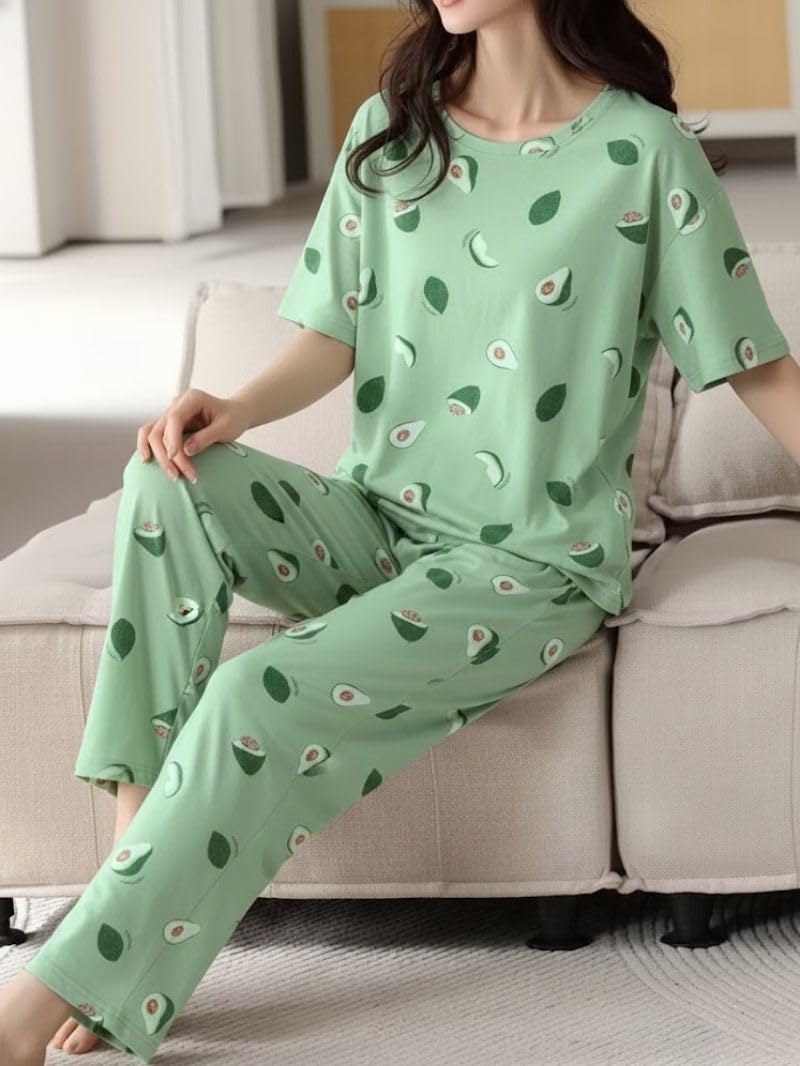 SMOWKLY Women’s Korean Style Night Suit Set | Cotton Half Sleeve Top & Pyjama Set | Round Neck Printed Nightsuit | Comfortable Nightwear & Loungewear for Women(1024_GRN_3XL) Mint Green - Image 4