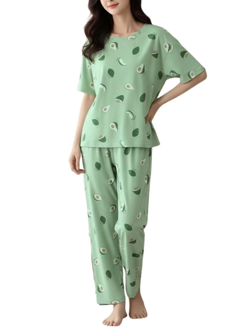 SMOWKLY Women’s Korean Style Night Suit Set | Cotton Half Sleeve Top & Pyjama Set | Round Neck Printed Nightsuit | Comfortable Nightwear & Loungewear for Women(1024_GRN_3XL) Mint Green - Image 1