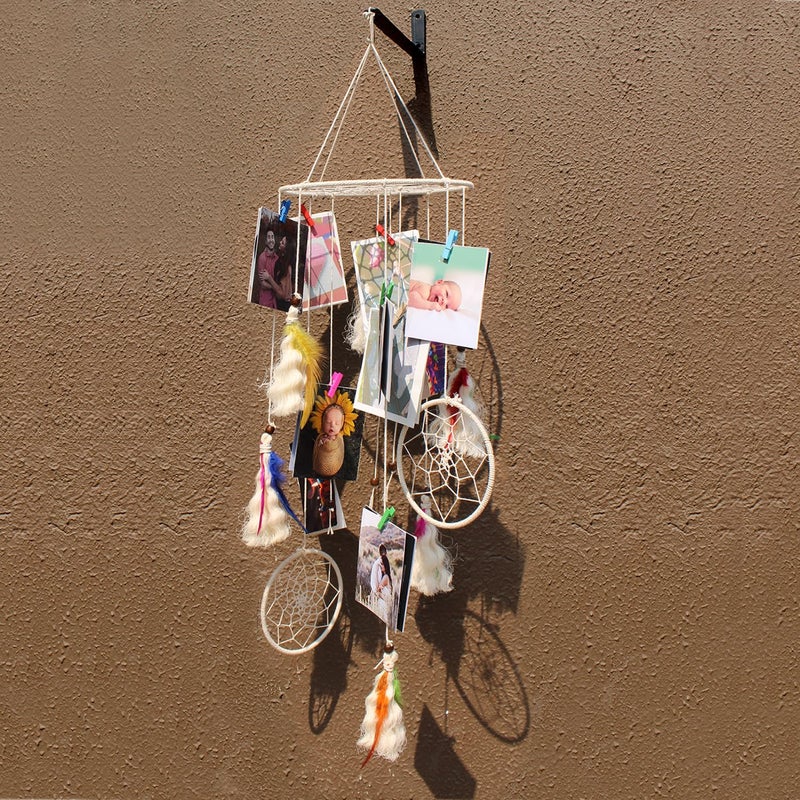 Decorcreed round Hanging With Colourful Feathers Hanging Picture Organizer With Wooden Clips - Image 4