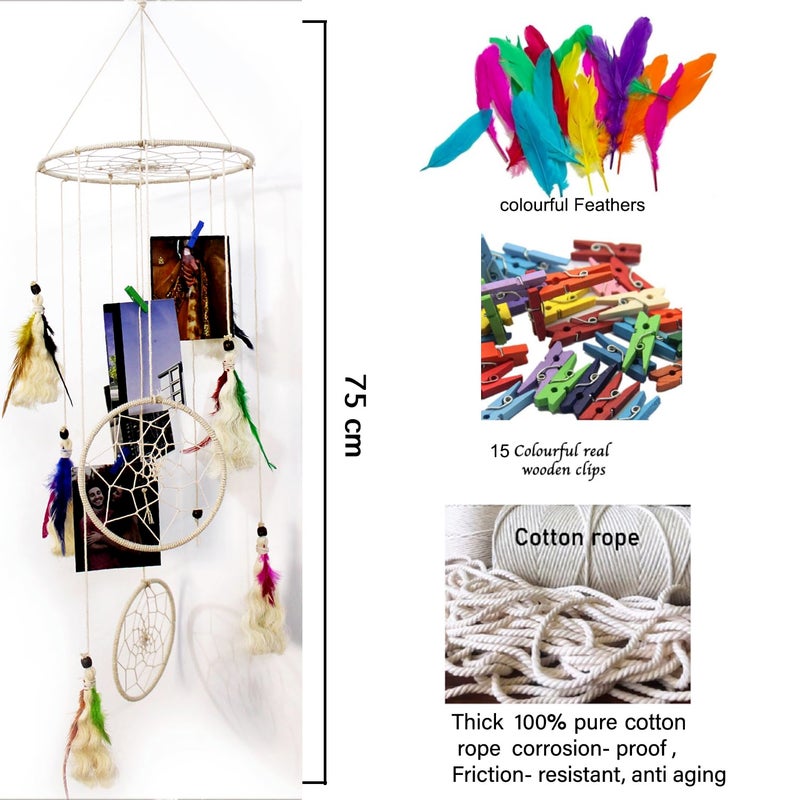 Decorcreed round Hanging With Colourful Feathers Hanging Picture Organizer With Wooden Clips - Image 2