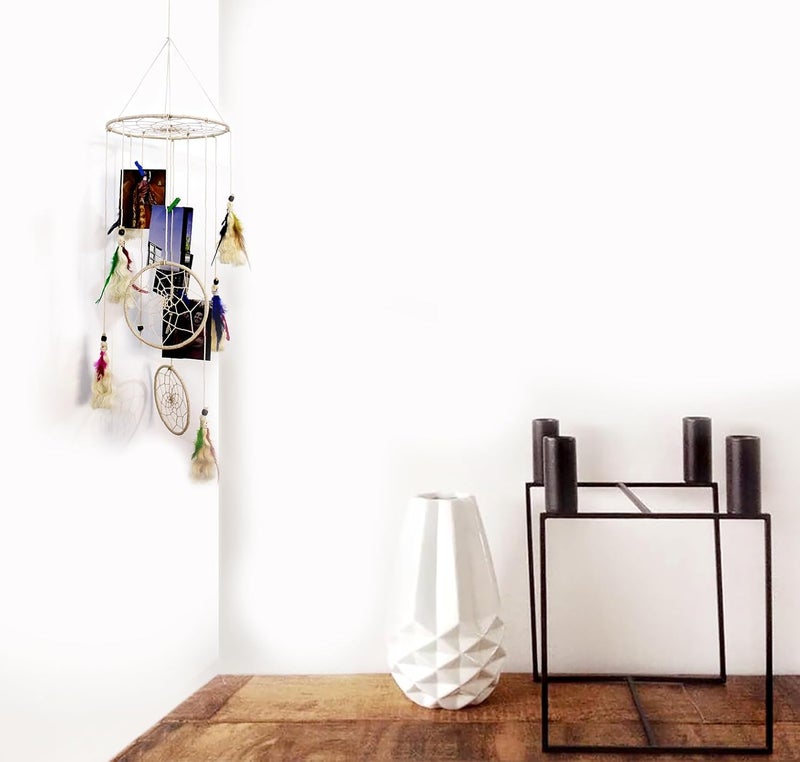 Decorcreed round Hanging With Colourful Feathers Hanging Picture Organizer With Wooden Clips - Image 1