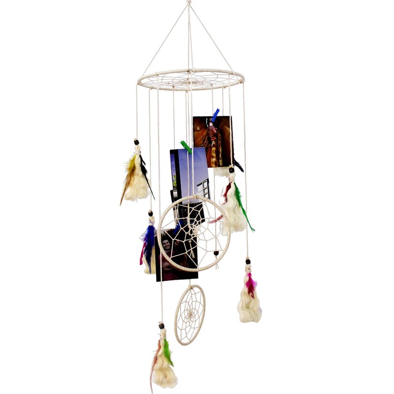 Decorcreed round Hanging With Colourful Feathers Hanging Picture Organizer With Wooden Clips - Image 5