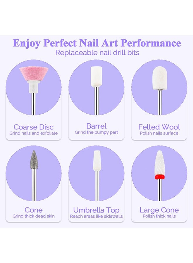Electric Nail Drill Kit, 3 Speeds Rechargeable Nail File Machine, Cordless Hand Foot Care Tool with Nail Drill Bits for Polishing Shape Tools (White)