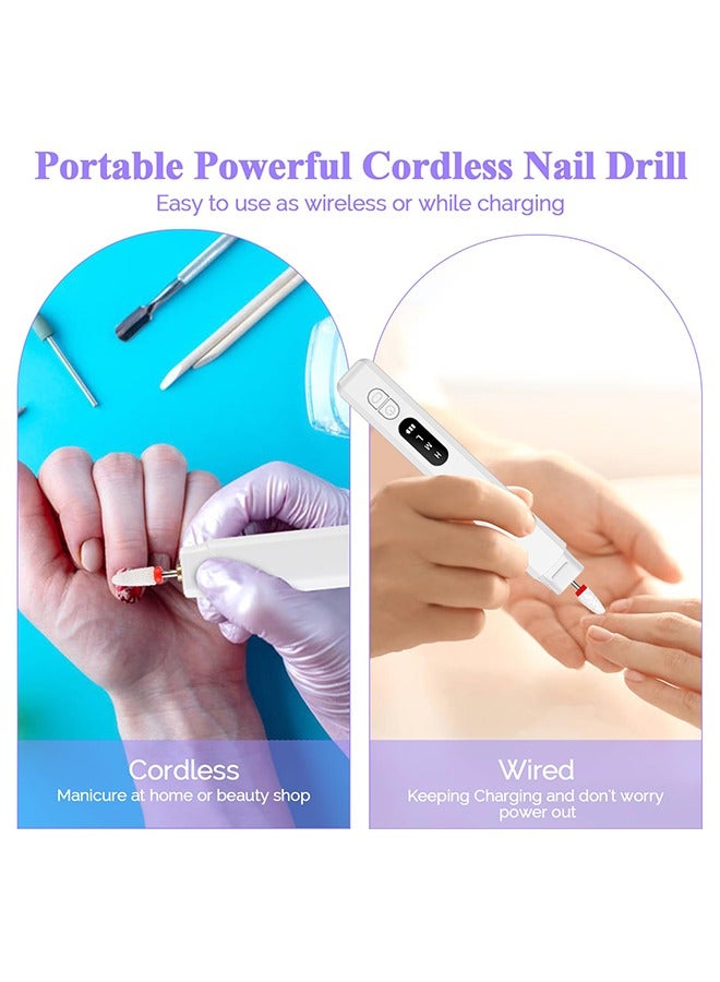 Electric Nail Drill Kit, 3 Speeds Rechargeable Nail File Machine, Cordless Hand Foot Care Tool with Nail Drill Bits for Polishing Shape Tools (White)