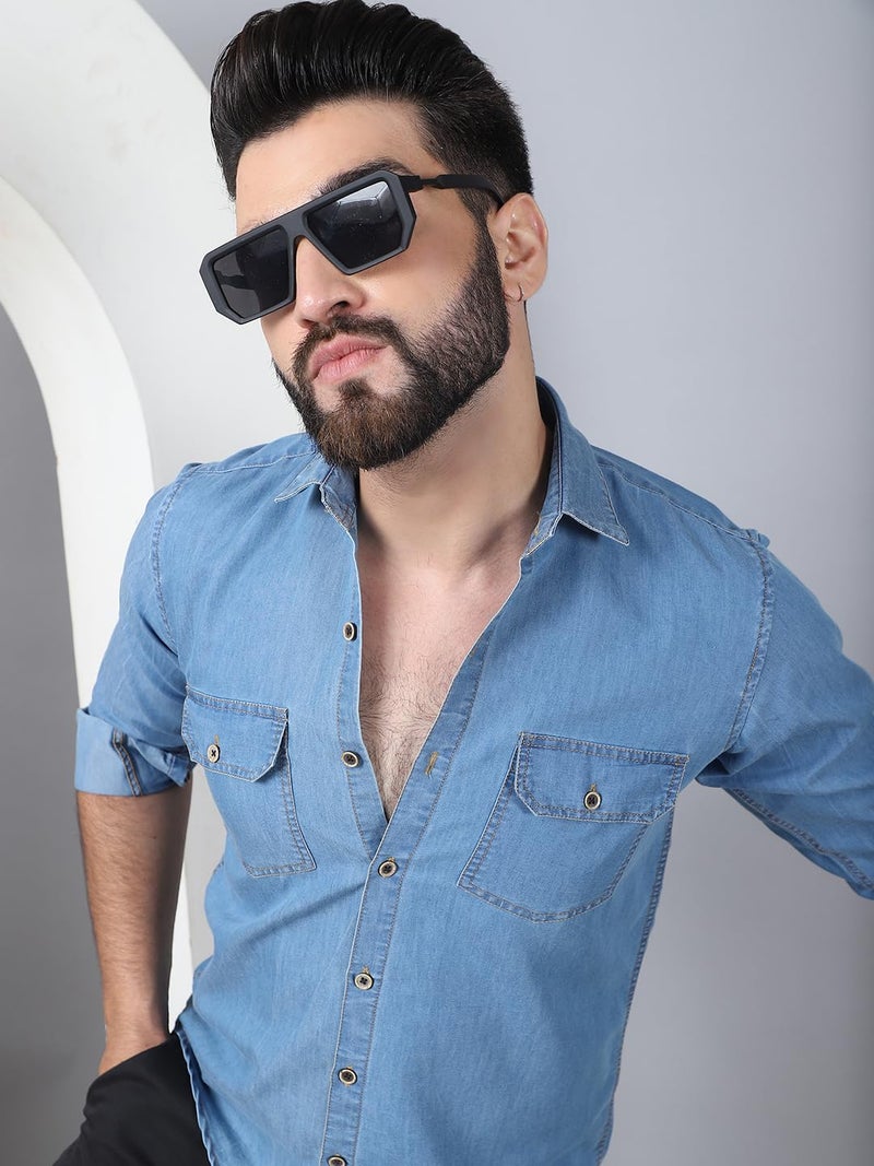 Indian Needle قميص كاجوال من الدنيم القطني الفاتح للرجال - Image 5