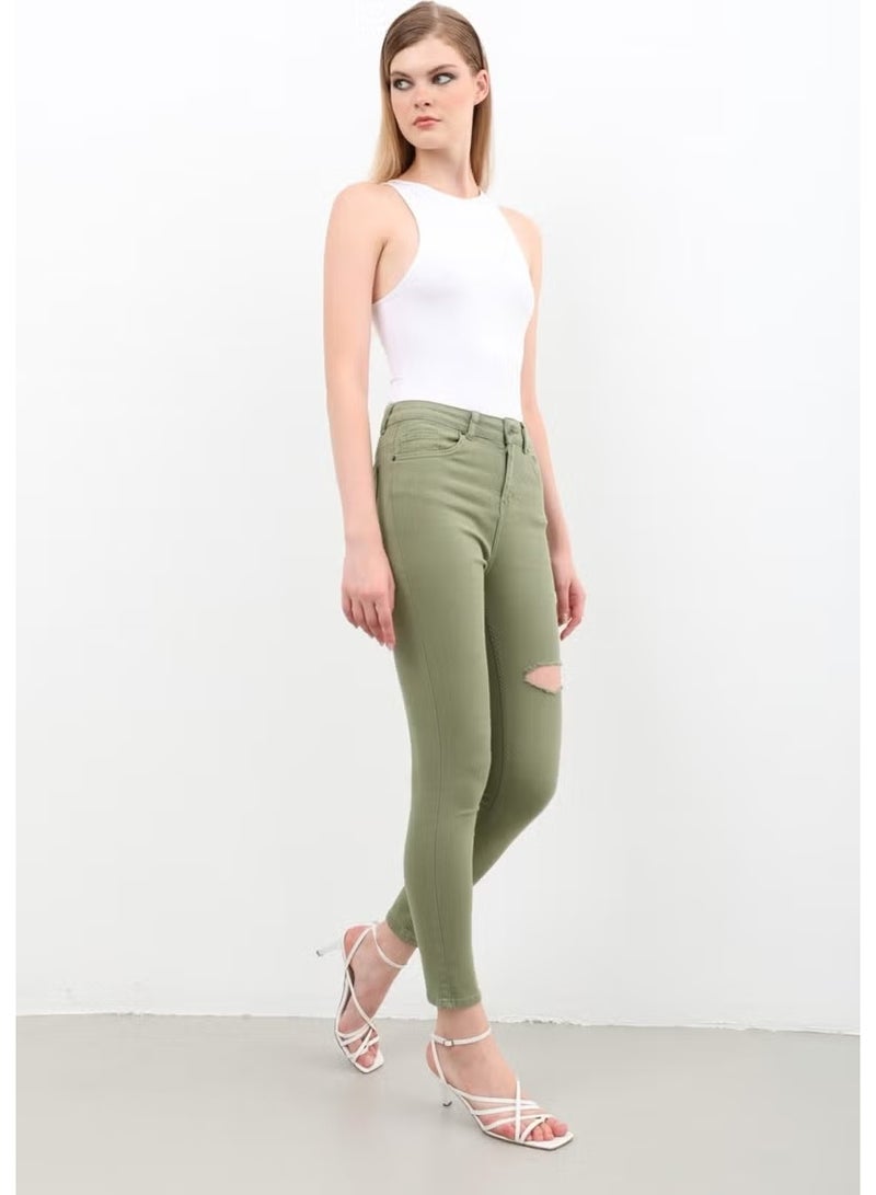 Women Ripped Detailed Jean Trousers Khaki - Image 3