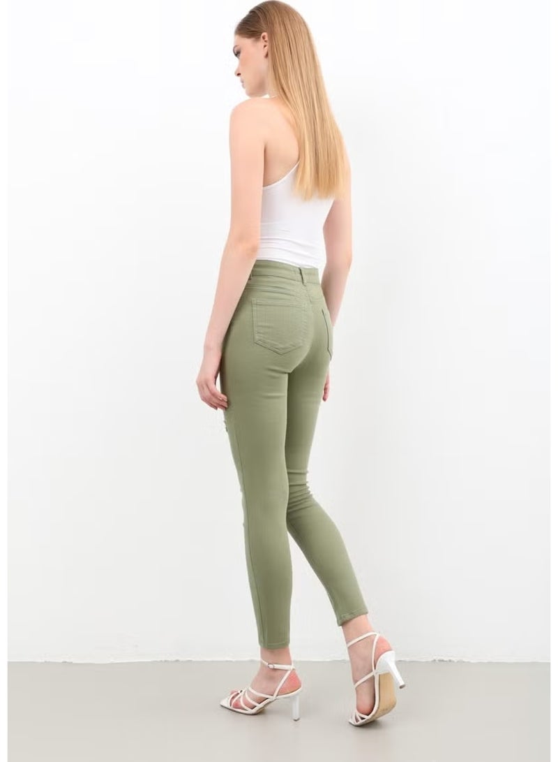Women Ripped Detailed Jean Trousers Khaki - Image 4