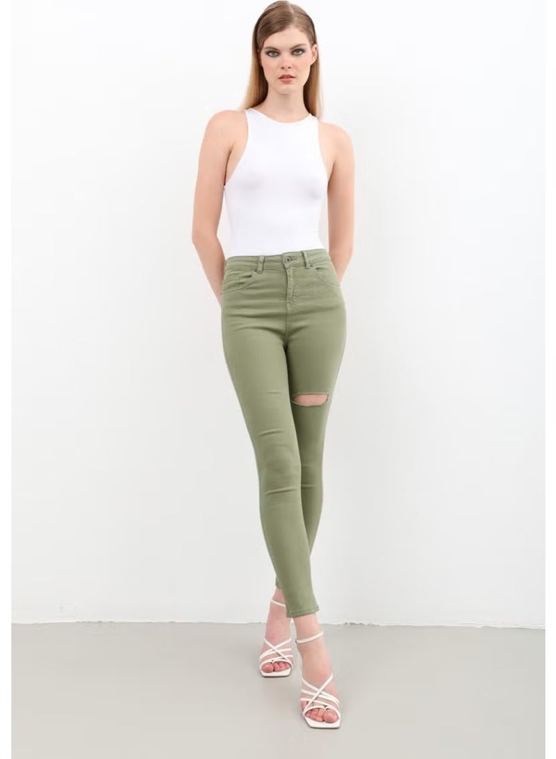 Women Ripped Detailed Jean Trousers Khaki - Image 1
