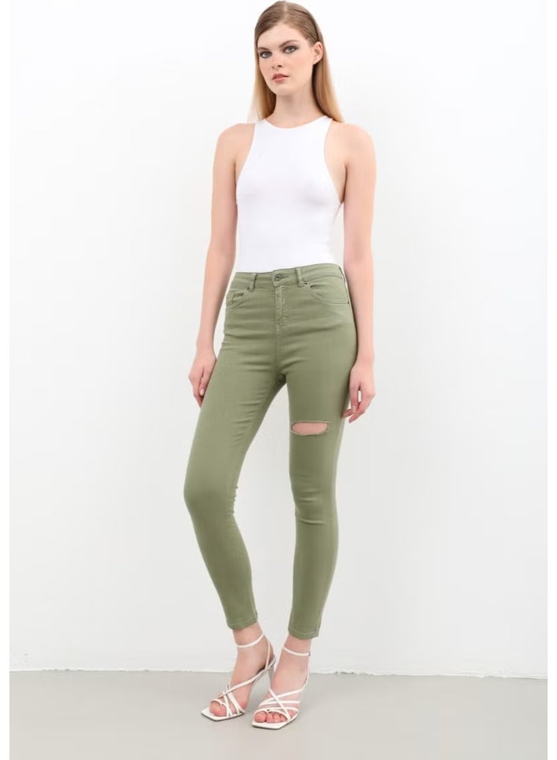 Women Ripped Detailed Jean Trousers Khaki - Image 2