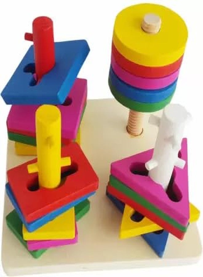 Shoro Wooden Intellectual Geometric Blocks Building Stacker Shape Matching Four Column Blocks Educational & Learning Toys, Wooden Geometric Shape Sorter Puzzle - Image 1