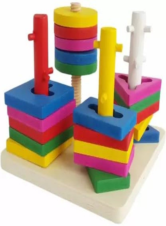 Shoro Wooden Intellectual Geometric Blocks Building Stacker Shape Matching Four Column Blocks Educational & Learning Toys, Wooden Geometric Shape Sorter Puzzle - Image 4