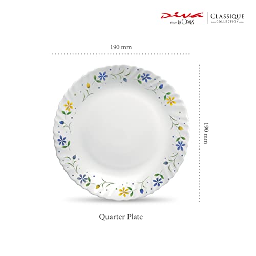 La Opala Diva Classique Collection Opal Glass Crockery | Quarter Plate Set of 6 | Twilight Bouquet Design | for Snacking & Gifting | Microwave Safe | 100% Vegetarian | Extra Strong | Light & White - Image 2