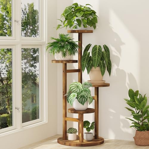 iDavosic.ly 4 Tier Plant Stand Indoor, Tiered Corner Wood Multiple Flower Holder Shelf, Tall Orchid Display Rack for Patio Porch Living Room Balcony Outdoor, Brown - Image 1