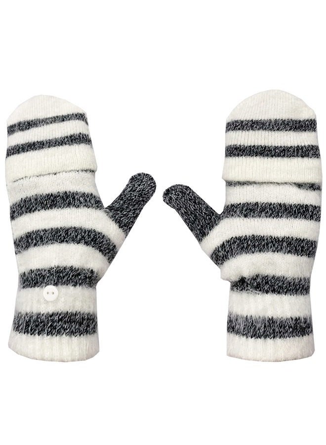 Beurlike Women's Winter Gloves Warm Wool Knitted Convertible Fingerless Mittens, Black White, One size - Image 3