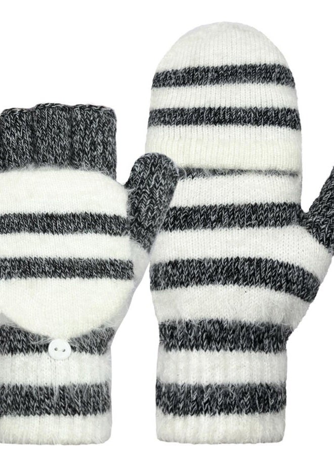 Beurlike Women's Winter Gloves Warm Wool Knitted Convertible Fingerless Mittens, Black White, One size - Image 1