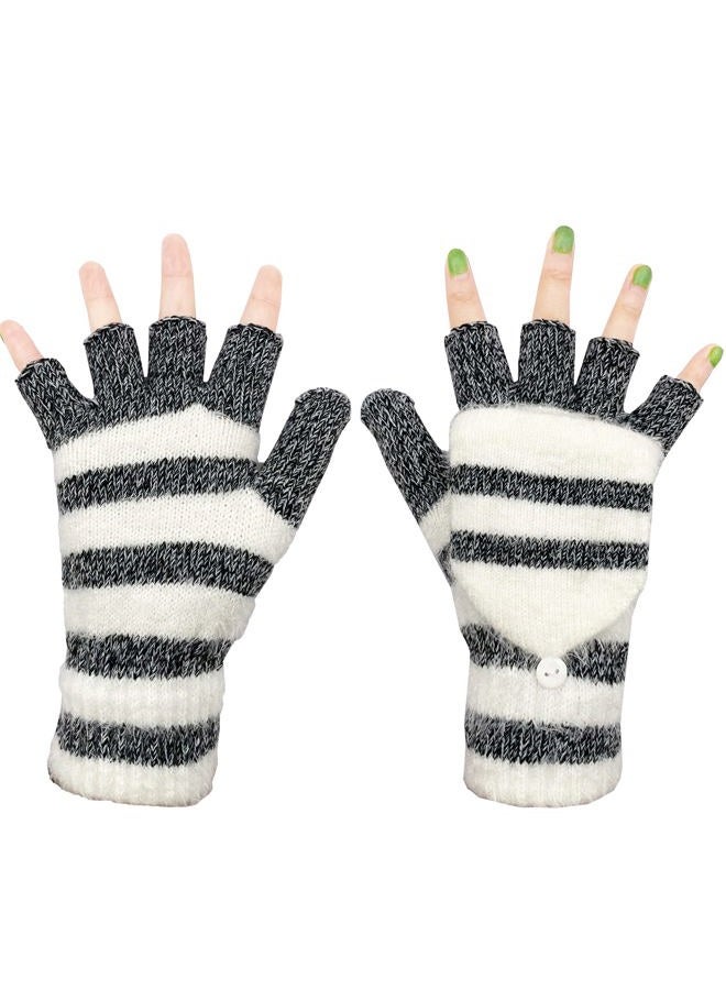 Beurlike Women's Winter Gloves Warm Wool Knitted Convertible Fingerless Mittens, Black White, One size - Image 2