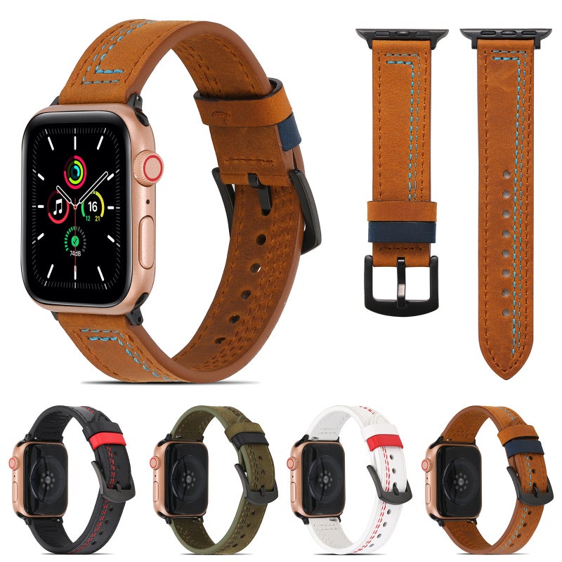 Sewing Matte Leather Watch Band for Apple Watch Series 9&8&7 41mm / SE 3&SE 2&6&SE&5&4 40mm / 3&2&1 38mm(Brown)