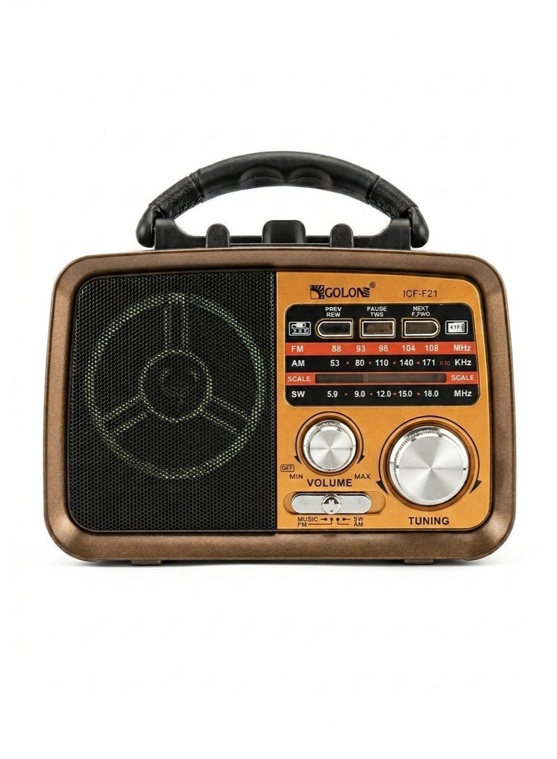 جولون راديو بلوتوث محمول، ثلاث موجات AM/FM/SW، مكبر صوت لاسلكي، مشغل MP3 USB، قابل لإعادة الشحن، ترانزستور كلاسيكي، فتحة لبطاقة TF، موجات قصيرة، يعمل بالبطارية، مكبر صوت جهير، مناسب للاستخدام الداخلي والخارجي، حساسية عالية - Image 1