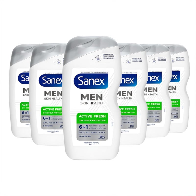 Sanex Men Skin Health Active Fresh Shower Gel 400ml X 6 Dry Skin Body Wash For Men Controls Body Odour For 24 Hours Deeply Hydrates 6in1 Benefits Dermatologically Tested 0 Sulphates