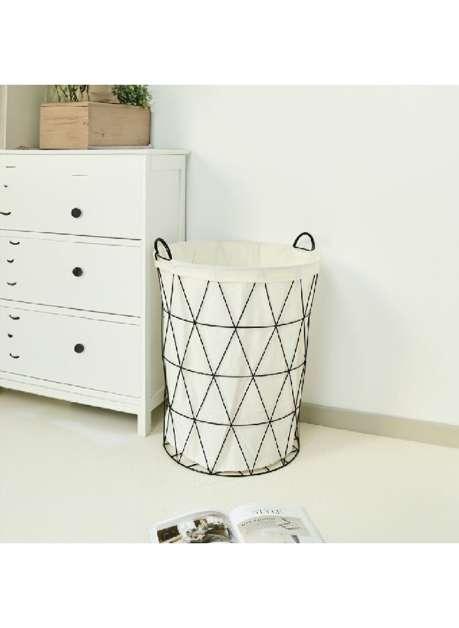 HONEYBEE - Round Shaped Open Top Iron Laundry Hamper with Handle White and Black 63 x 45 x 45 cm SSB0549A-C - Image 1