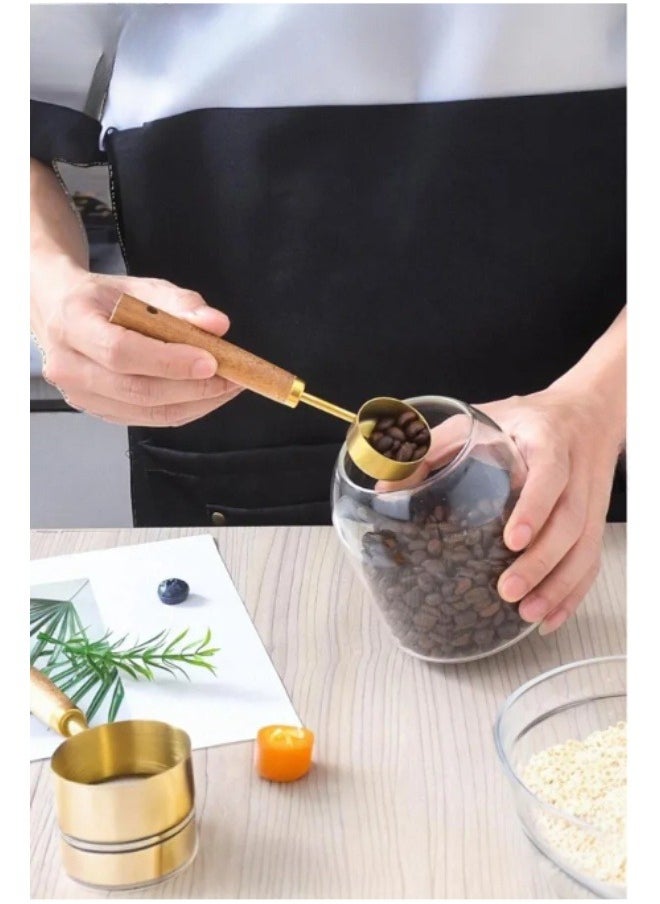 Happy Home - Set of 2 Stainless Steel Measuring Cups and Spoons in Metric Measurements with Wooden Handle (1.25Ml-2.5Ml) - Image 1