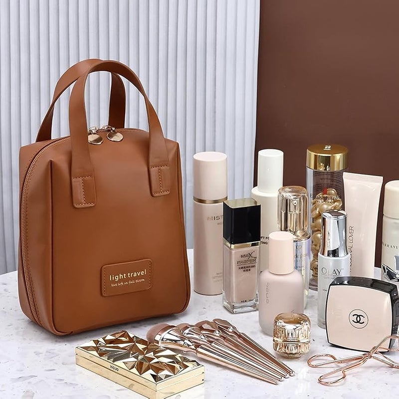 Travel Makeup Bag, Large Capacity Cosmetic Bags, Waterproof Portable Pouch, Open Flat Toiletry Bag Make up Organizer with Divider and Handle for Women and Girls (Brown) - Image 3