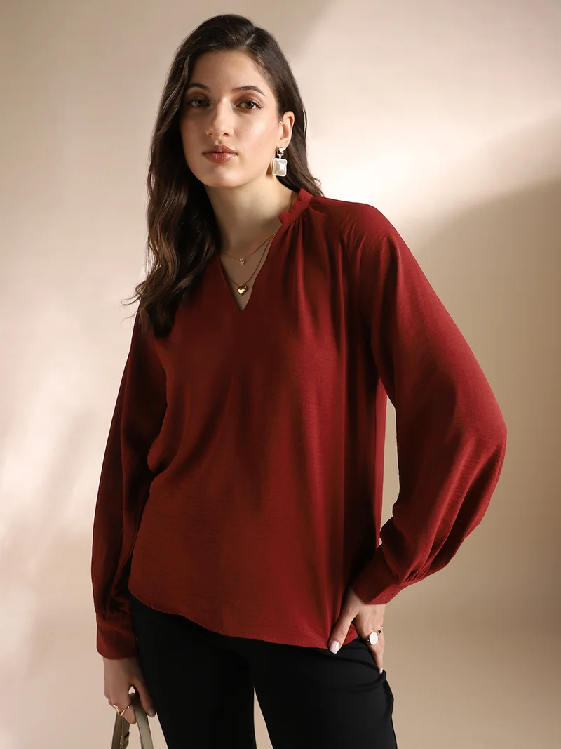 Globus Women Maroon Mandarin Neck Raglan Cuffed Sleeves Self Design Gathered Detail Workwear Top