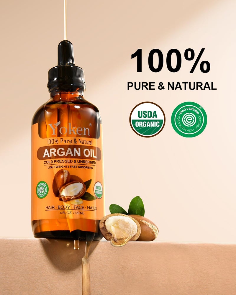 Yoken Organic Argan Oil for Hair 4 Fl Oz, USDA Pure and Natural Morocco Argan Oil, Argon Oil For Hair, Scalp, Face & Skin Care, 100% Cold Pressed Hair Conditioner, Unrefined Argon Nails Carrier Oil - Image 2