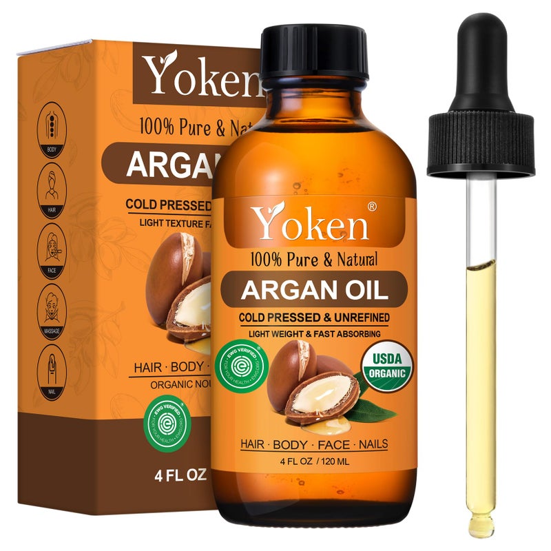 Yoken Organic Argan Oil for Hair 4 Fl Oz, USDA Pure and Natural Morocco Argan Oil, Argon Oil For Hair, Scalp, Face & Skin Care, 100% Cold Pressed Hair Conditioner, Unrefined Argon Nails Carrier Oil - Image 1