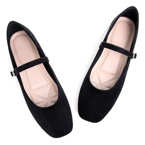 Stunner Women's Mary Jane Ballet Flats Fashion Square Toe Ankle Strap Flats Comfortable Casual Slip On Dress Shoes Black 39(7.5) - Image 5
