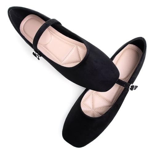 Stunner Women's Mary Jane Ballet Flats Fashion Square Toe Ankle Strap Flats Comfortable Casual Slip On Dress Shoes Black 39(7.5) - Image 2