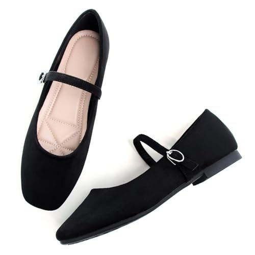 Stunner Women's Mary Jane Ballet Flats Fashion Square Toe Ankle Strap Flats Comfortable Casual Slip On Dress Shoes Black 39(7.5) - Image 3