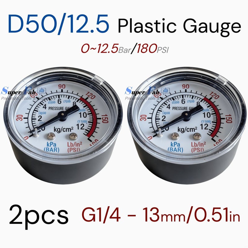 D50 Air Pressure Plastic Gauge Kit 2 Pcs G1 4 Thread 13mm 0.49in Dual Scale 12.5Bar 180Psi - Image 5