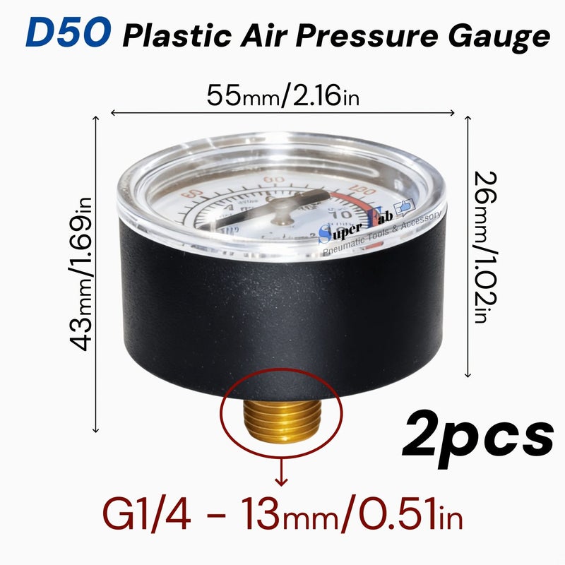 D50 Air Pressure Plastic Gauge Kit 2 Pcs G1 4 Thread 13mm 0.49in Dual Scale 12.5Bar 180Psi - Image 4