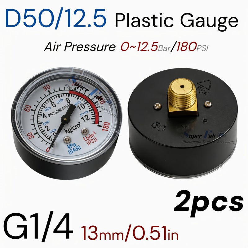 D50 Air Pressure Plastic Gauge Kit 2 Pcs G1 4 Thread 13mm 0.49in Dual Scale 12.5Bar 180Psi - Image 2