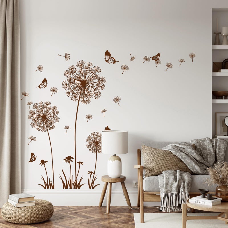 Supzone 2 Sheets Dandelion Wildflower Wall Decals Art, Wall Art Stickers Peel and Stick Floral Butterflies Flying Decor for Girls Kids Women Baby Nursery Living Room Bedroom Bathroom Hallway Stairwell (Brown) - Image 2
