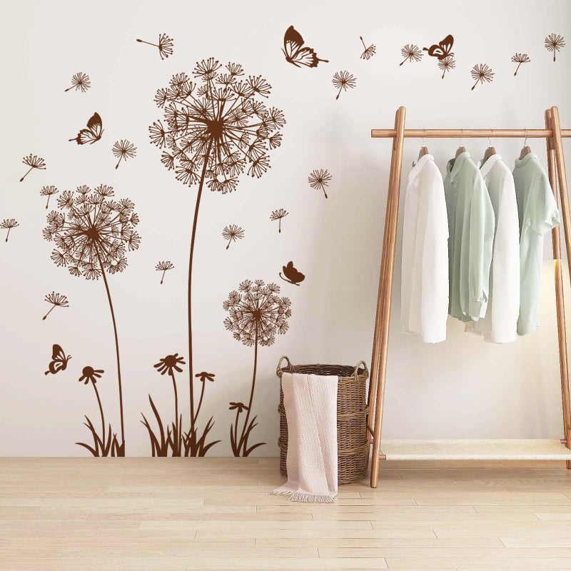 Supzone 2 Sheets Dandelion Wildflower Wall Decals Art, Wall Art Stickers Peel and Stick Floral Butterflies Flying Decor for Girls Kids Women Baby Nursery Living Room Bedroom Bathroom Hallway Stairwell (Brown) - Image 1