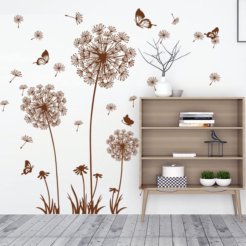 Supzone 2 Sheets Dandelion Wildflower Wall Decals Art, Wall Art Stickers Peel and Stick Floral Butterflies Flying Decor for Girls Kids Women Baby Nursery Living Room Bedroom Bathroom Hallway Stairwell (Brown) - Image 3