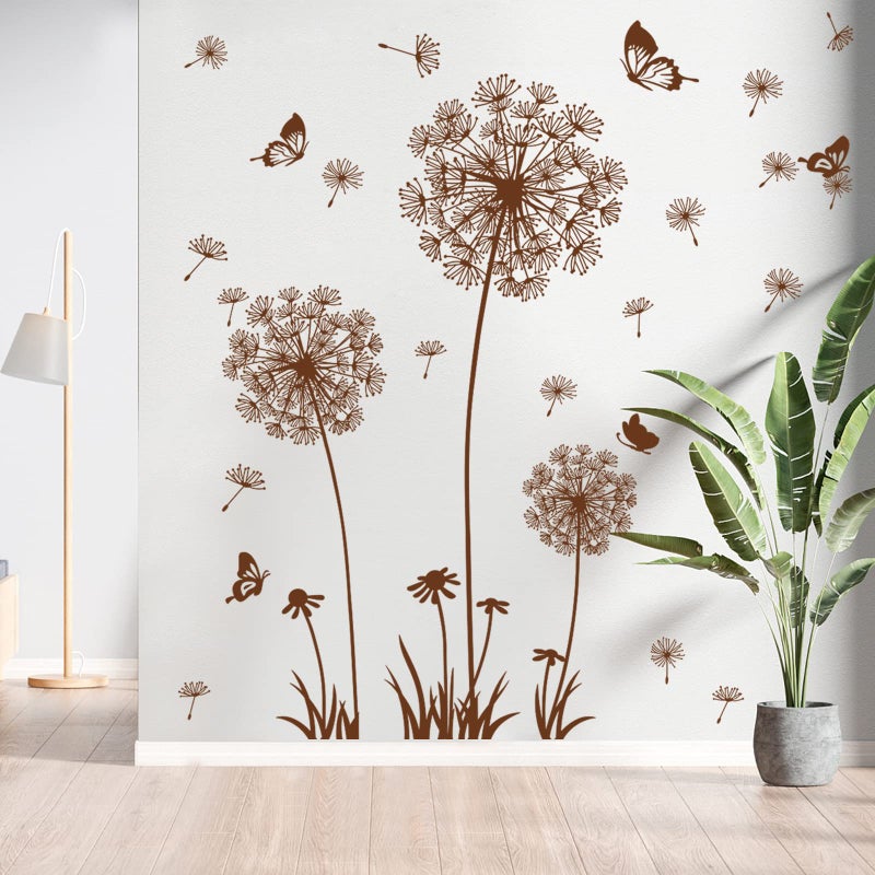 Supzone 2 Sheets Dandelion Wildflower Wall Decals Art, Wall Art Stickers Peel and Stick Floral Butterflies Flying Decor for Girls Kids Women Baby Nursery Living Room Bedroom Bathroom Hallway Stairwell (Brown) - Image 5