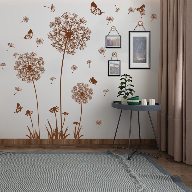 Supzone 2 Sheets Dandelion Wildflower Wall Decals Art, Wall Art Stickers Peel and Stick Floral Butterflies Flying Decor for Girls Kids Women Baby Nursery Living Room Bedroom Bathroom Hallway Stairwell (Brown) - Image 4