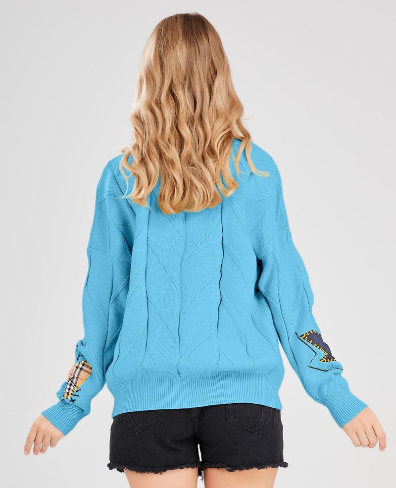 ebossy Women's Cable Knit Long Sleeve Open Front Cardigan Sheep V-Neck Button Down Embroidery Wool Blend Sweater Coat Outwear (S,Blue) - Image 3