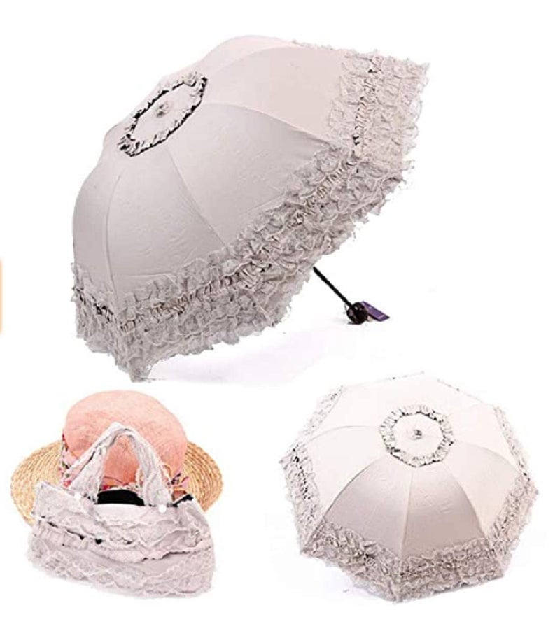 Zmgmsmh Foldable Lace Parasol Travel Sun Rain Umbrella Compact Anti UV Resistance Princess Sun Umbrella for Women & Girls (Lace Beige) - Image 2