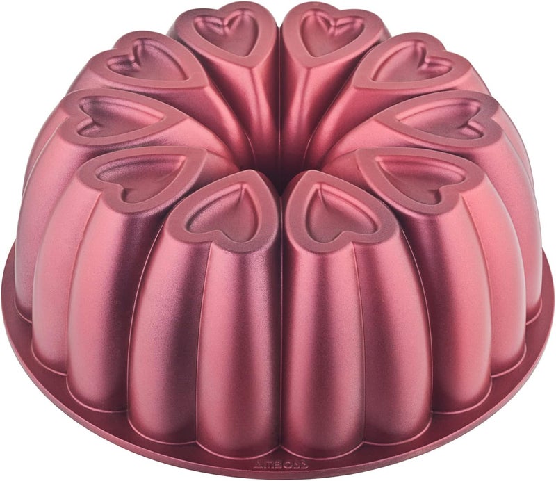MIENCA Heart Shape Cast Aluminum Molded Cake Pan, Titanium Coating, Non-Stick, 12 Cups, Heavy Duty, 10 Inch Pound Cake Pan, Gifts for Mom, Fluted Tube Pan, Easy to Clean (Red) - Image 1