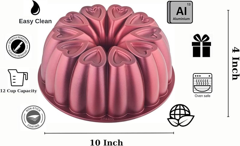 MIENCA Heart Shape Cast Aluminum Molded Cake Pan, Titanium Coating, Non-Stick, 12 Cups, Heavy Duty, 10 Inch Pound Cake Pan, Gifts for Mom, Fluted Tube Pan, Easy to Clean (Red) - Image 2