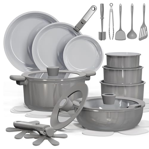 CAROTE 27pcs Ceramic Cookware Set Nonstick Pots and Pans Set Non Stick Non Toxic Cookware Detachable Handles DishwasherOven Safe RVCamping Cookware with Kitchen Utensils Gray - Image 1